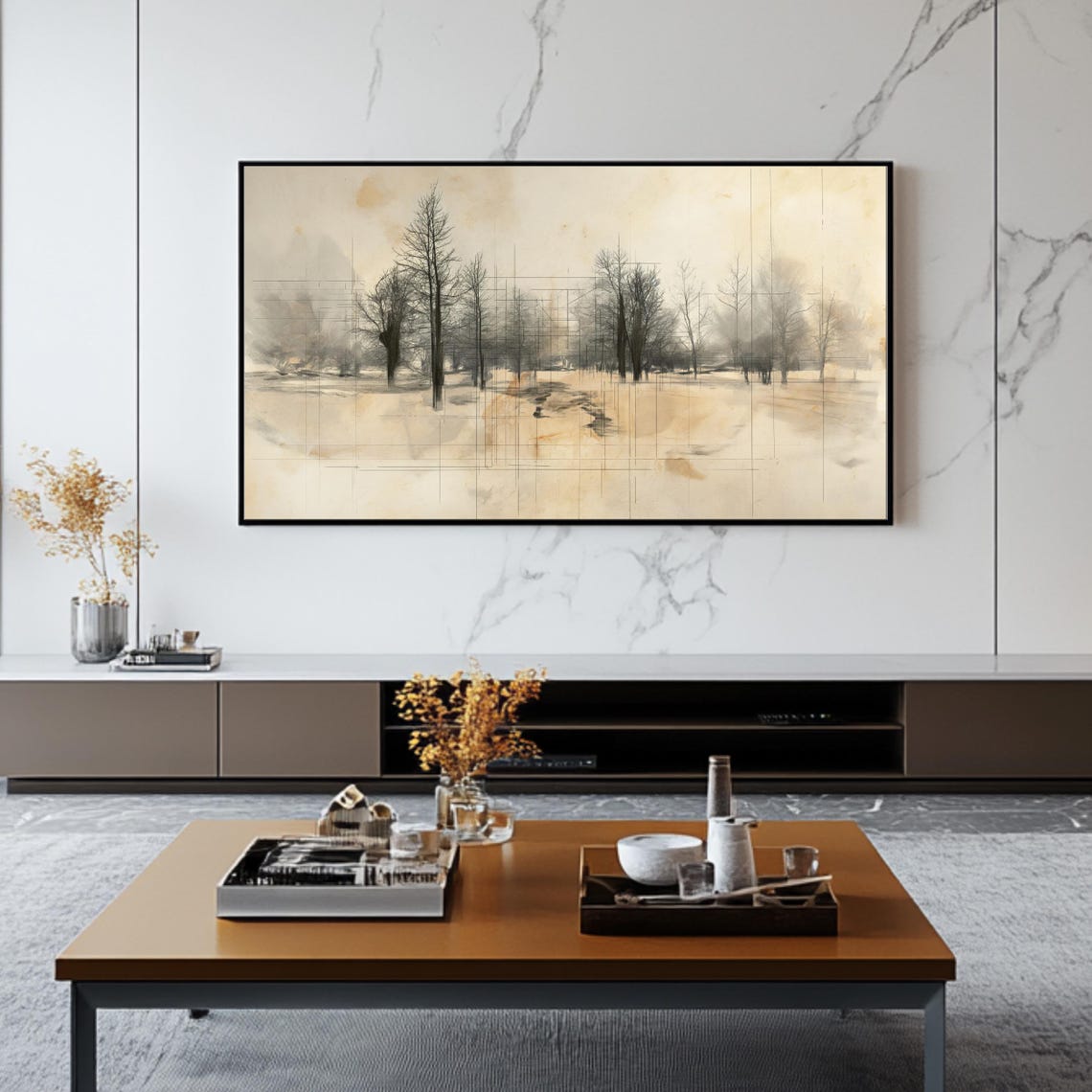 Minimalist Winter Trees Snow Landscape Sketch Art Travel Poster - Image 2