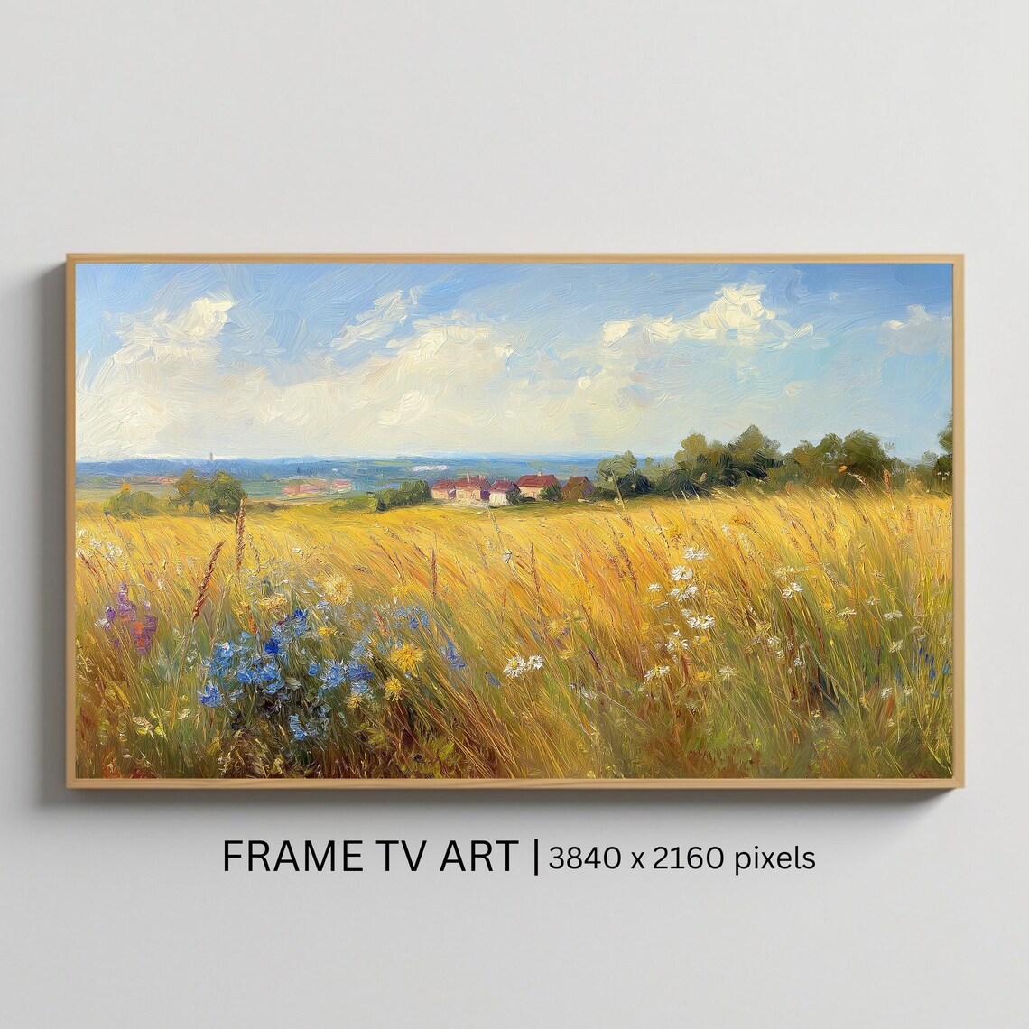 Golden Summer Meadow Wildflowers Village Landscape Oil Painting Poster