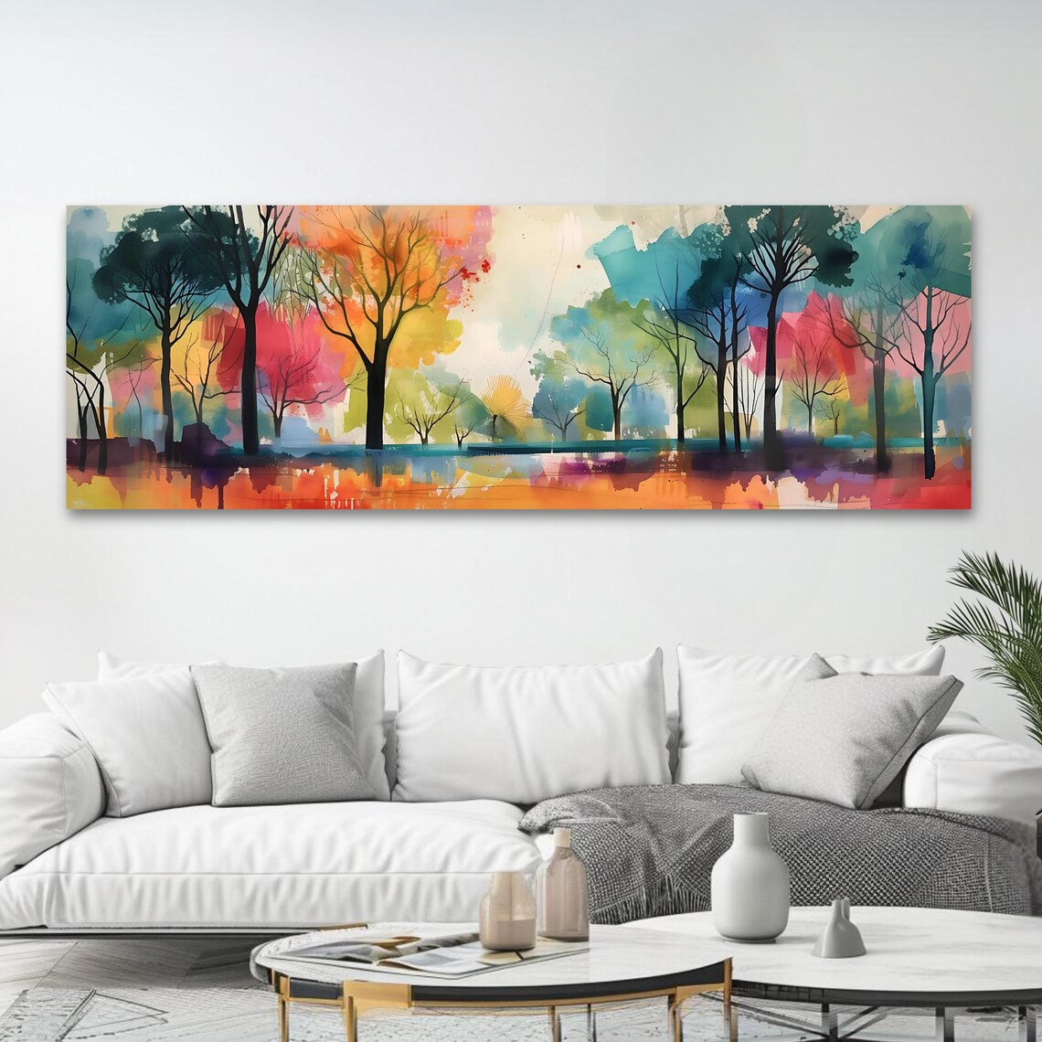 Colorful Trees Wall Art Long Horizontal Narrow Print Elegant Landscape Artwork For Above Couch Or Bed - Image 2
