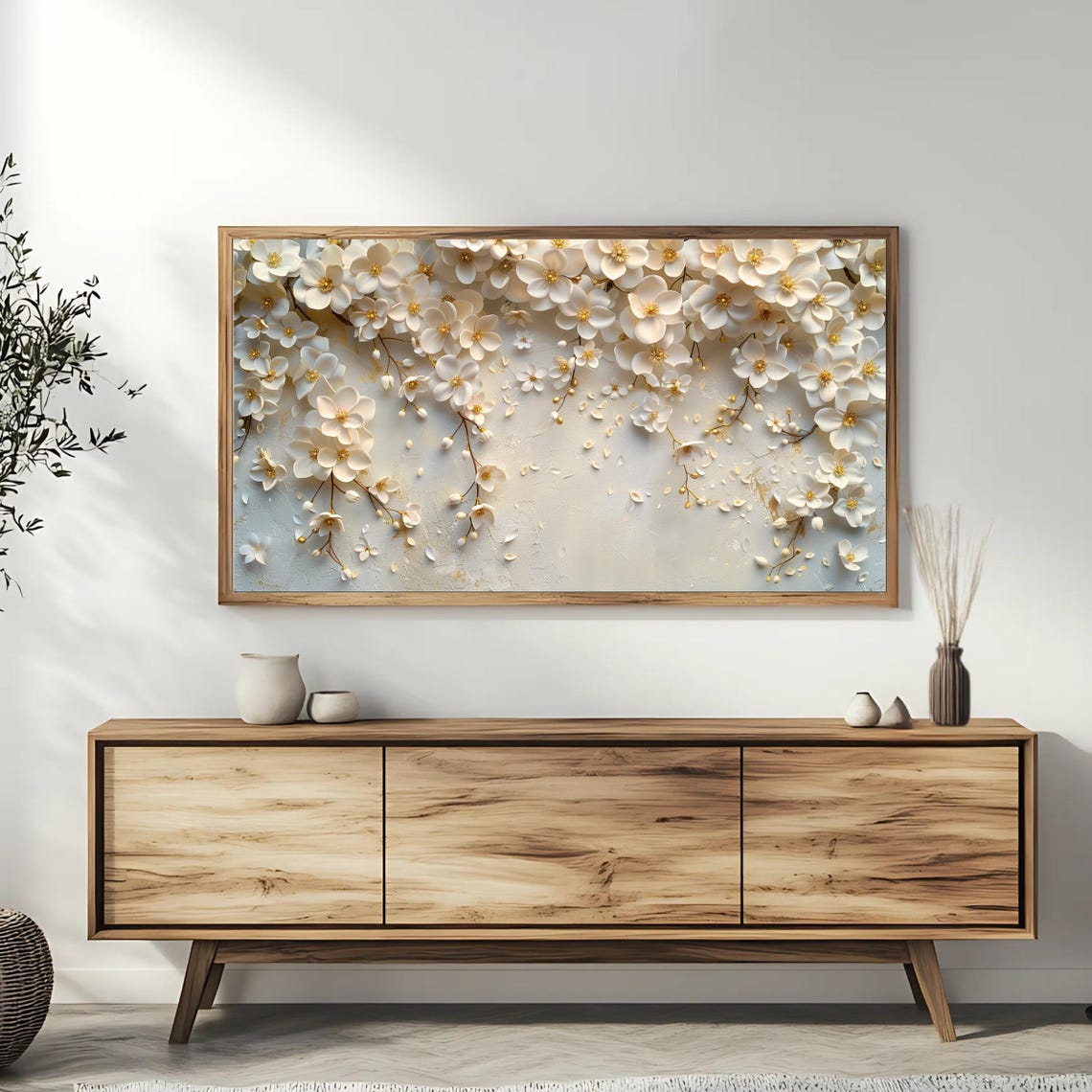 White Blossom Cascade Minimalist Floral Gold Accent Wall Art - Image 3
