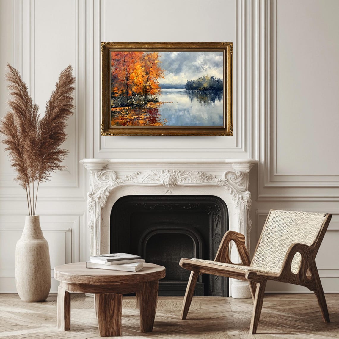 Autumn Lake Fiery Orange Trees Calm Water Cloudy Sky Reflection Print - Image 3