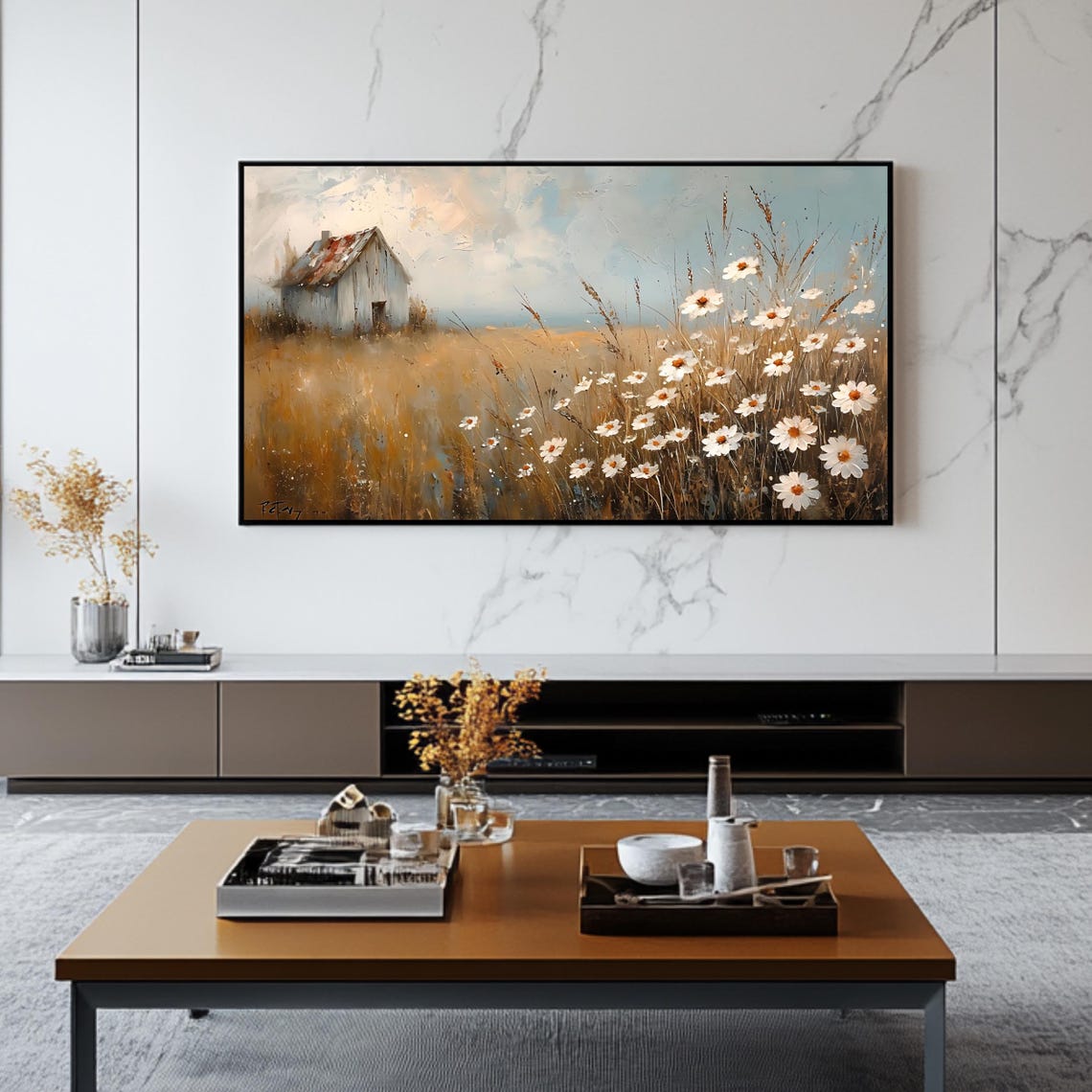 Rustic Country Cottage And Daisy Wildflowers Golden Field Art Poster - Image 2