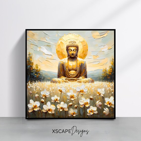 Golden Buddha Meditation Among White Orchids Spiritual Gold Wall Art Poster