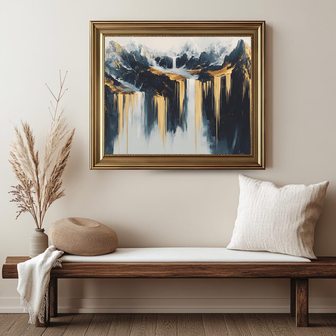 Black Gold Abstract Mountain Waterfall Dramatic Modern Art Print - Image 2