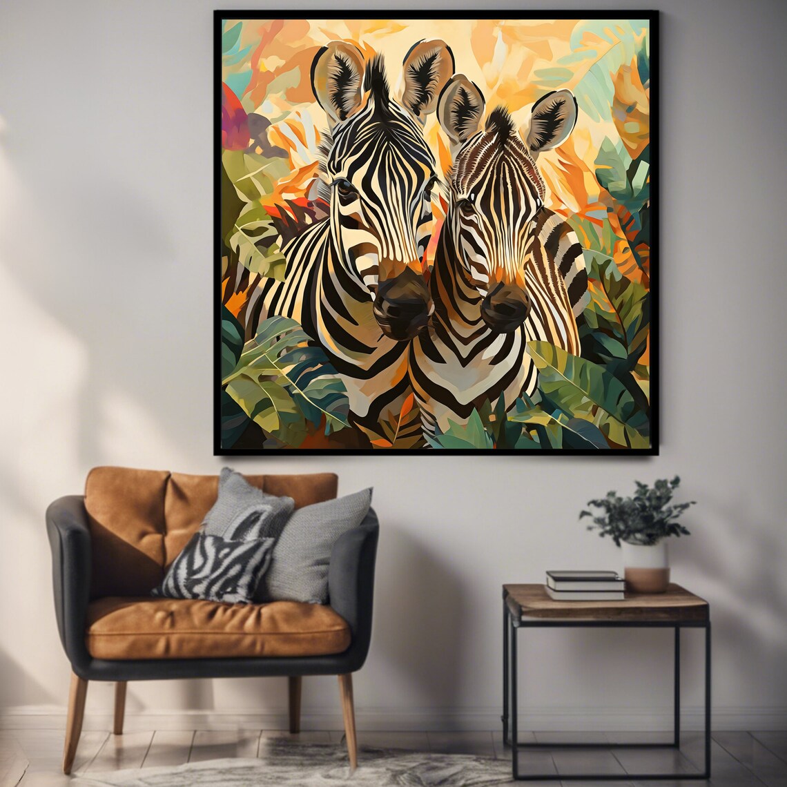 Two Zebras In Lush Jungle Colorful Wildlife Safari Nature Animal Poster - Image 3