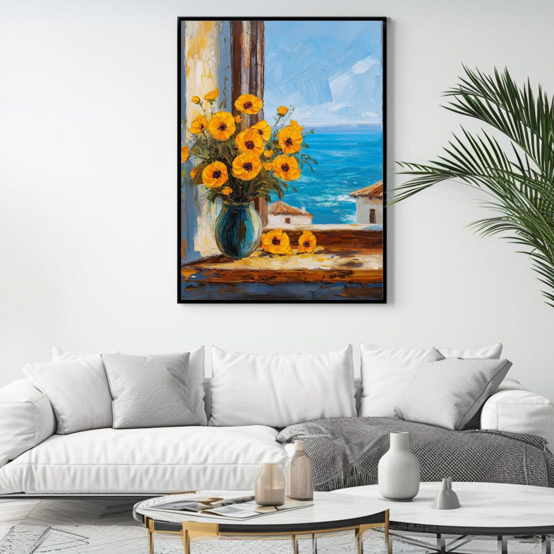 Yellow Flowers In Teal Vase Seaside Window Ocean View Coastal Poster - Image 4