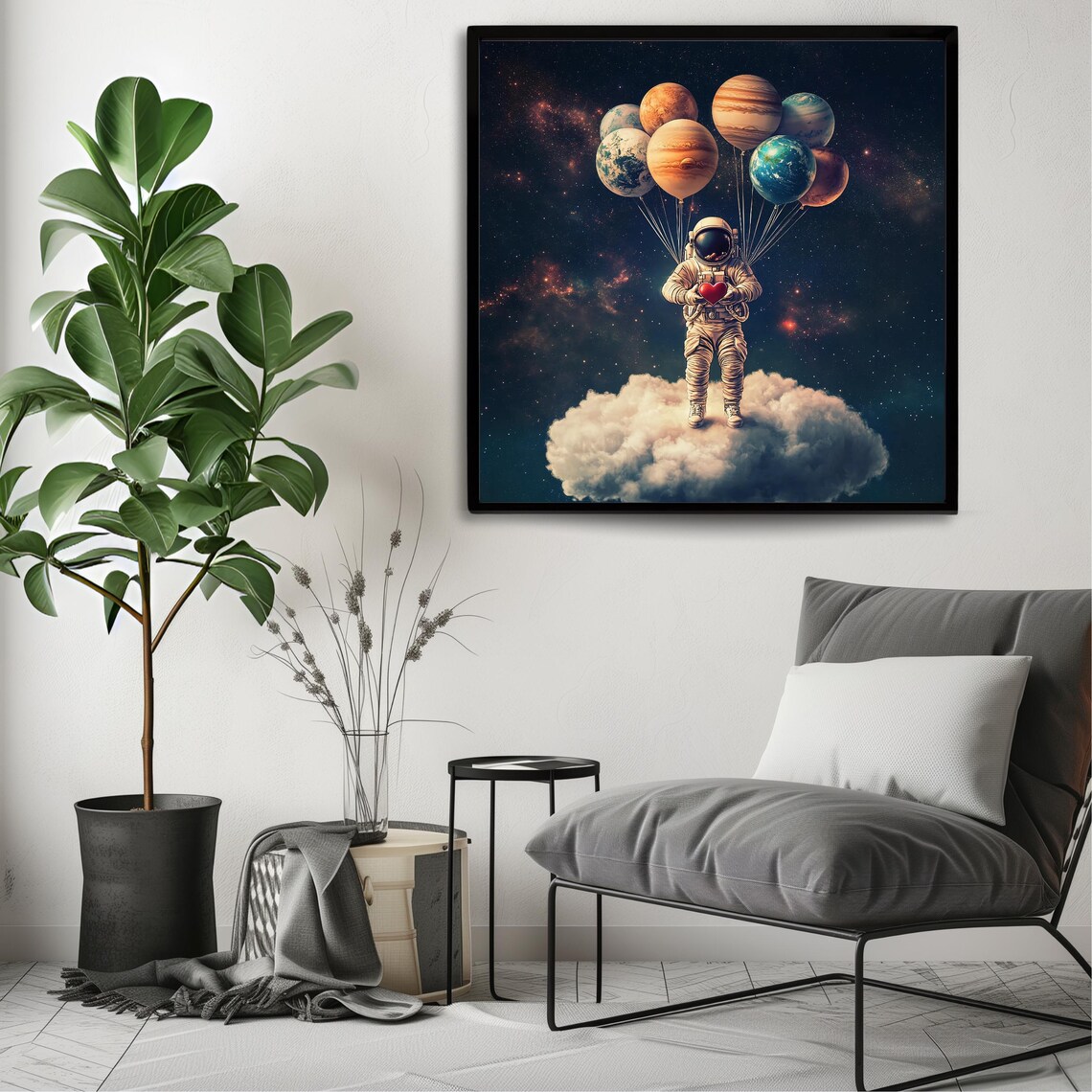 Astronaut Holding Planet Balloons Red Heart Cosmic Starry Night Art Print - Image 3