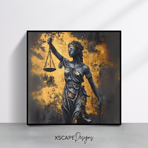 Lady Justice Black And Gold Statue Blindfold Scales Dramatic Wall Art Poster