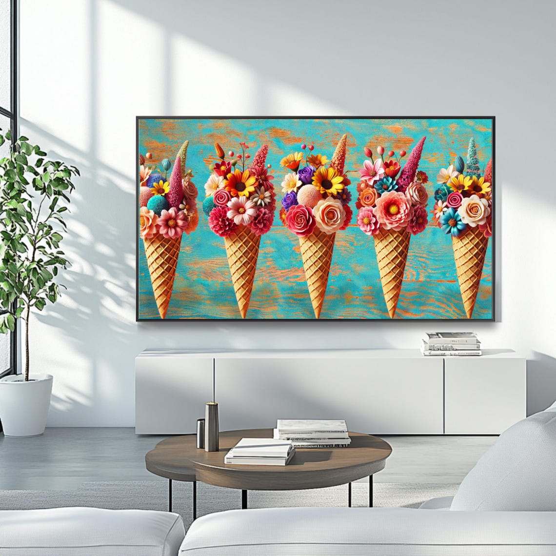 Colorful Flower Bouquets In Ice Cream Cones Whimsical Teal Art Poster - Image 4