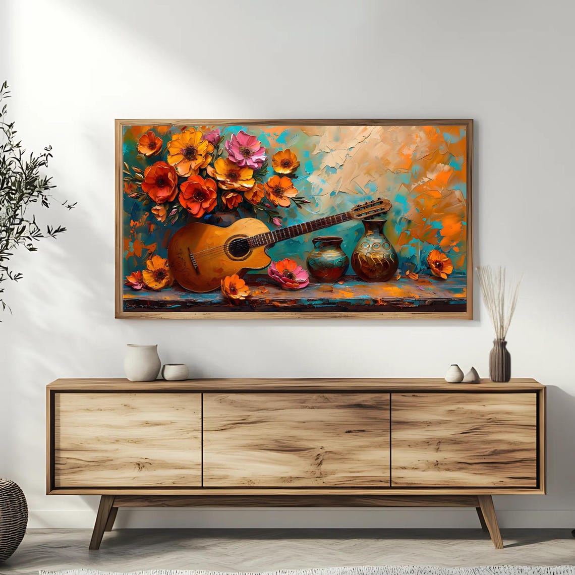 Acoustic Guitar With Orange Floral Bouquet Still Life Art Poster - Image 3