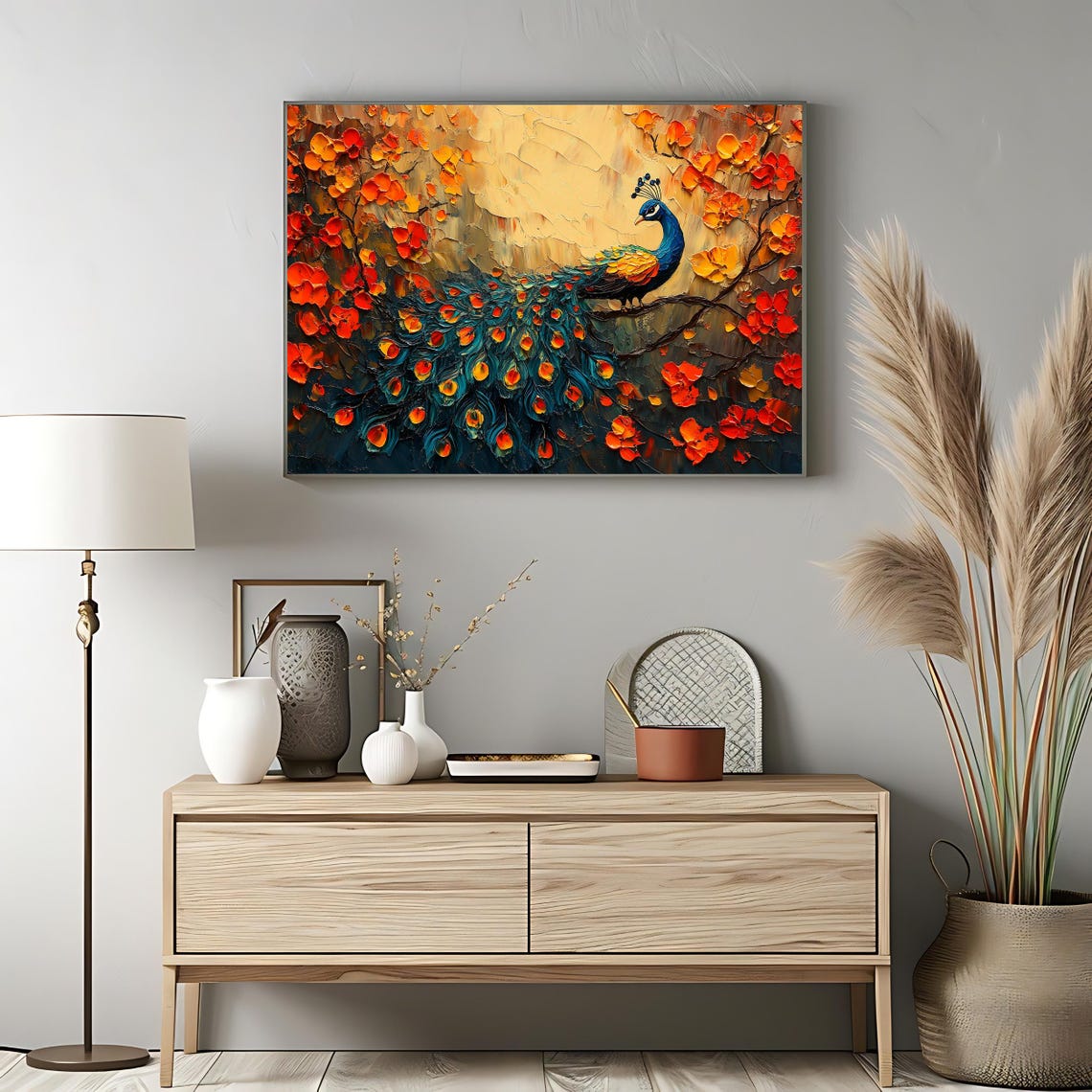 Peacock Art Print Vibrant Floral Wall Decor Exotic Bird Horizontal Wall Art Bold Nature Artwork - Image 3