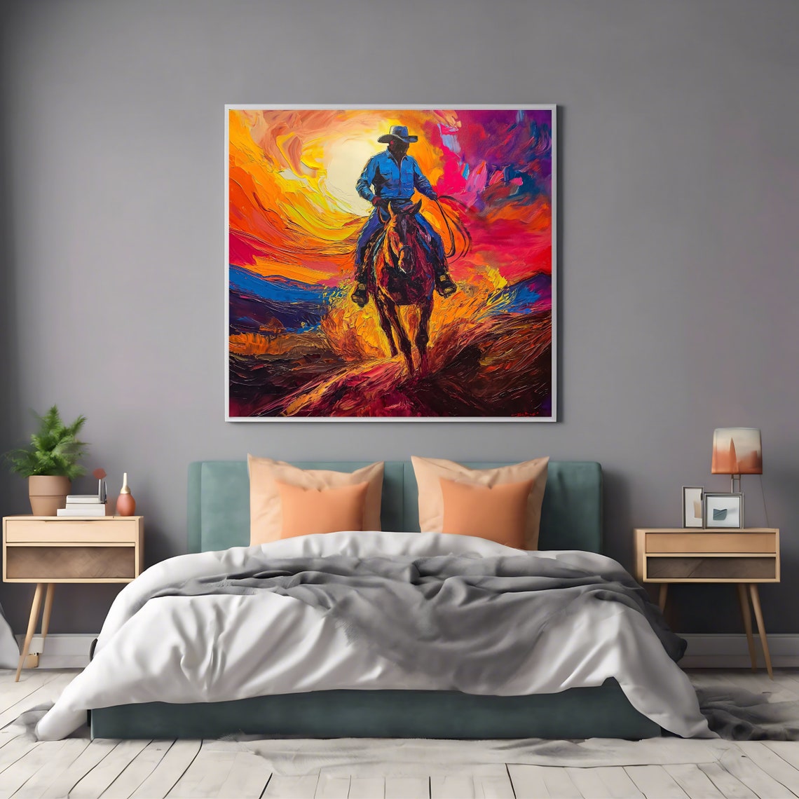 Cowboy Sunset Wall Art Print Western Square Artwork Poster - Image 2