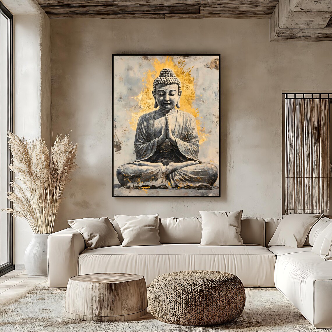 Buddha Statue with Golden Halo Hands in Prayer Painting Poster - Image 2