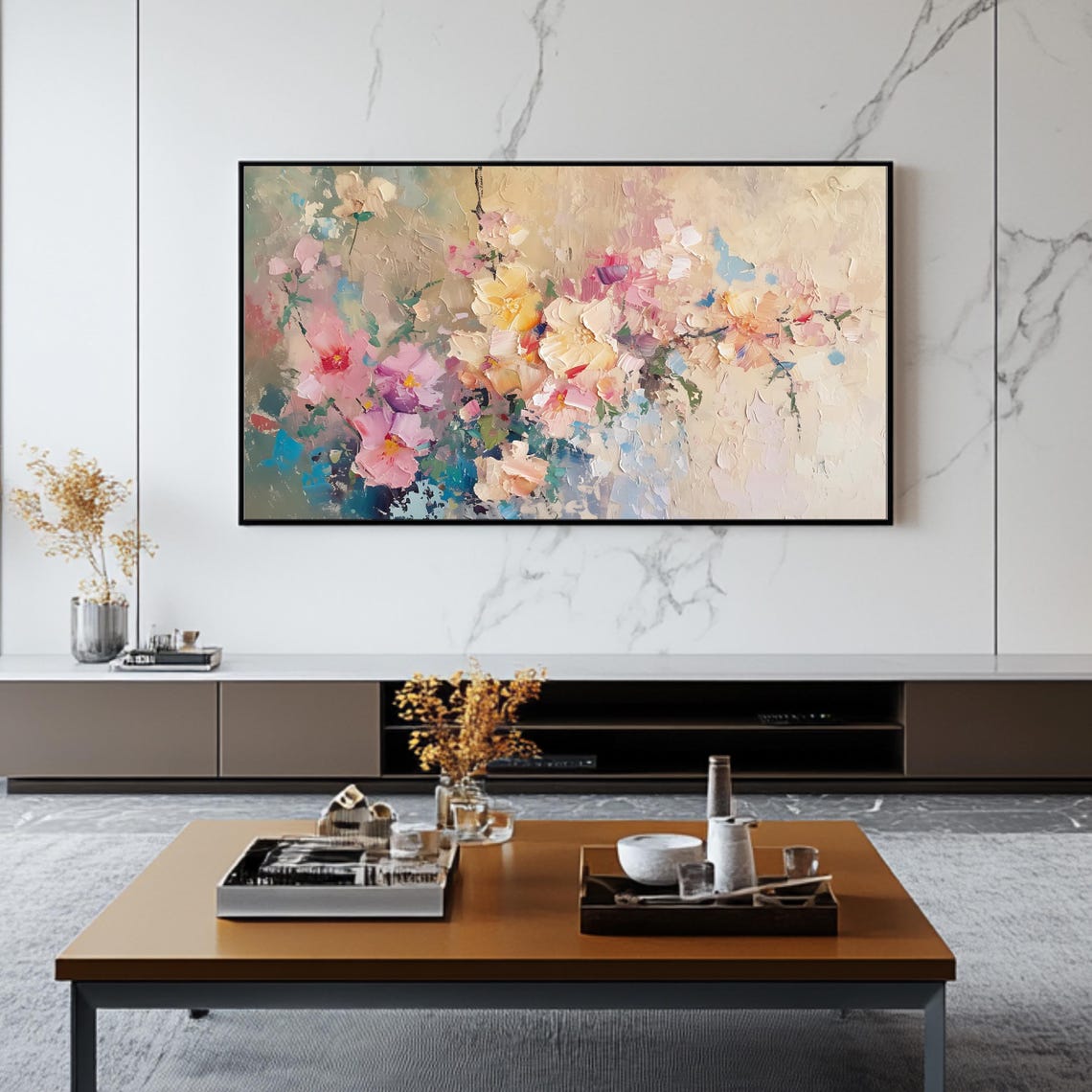 Soft Pastel Floral Bouquet Pink and Cream Impasto Flower Art Poster - Image 2