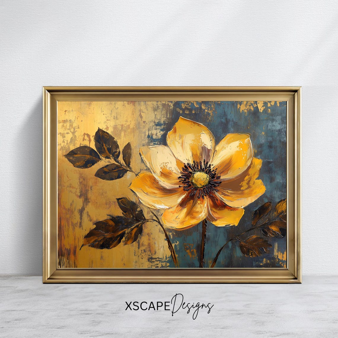 Yellow Flower Anemone Painting Golden Petals Teal Abstract Wall Art