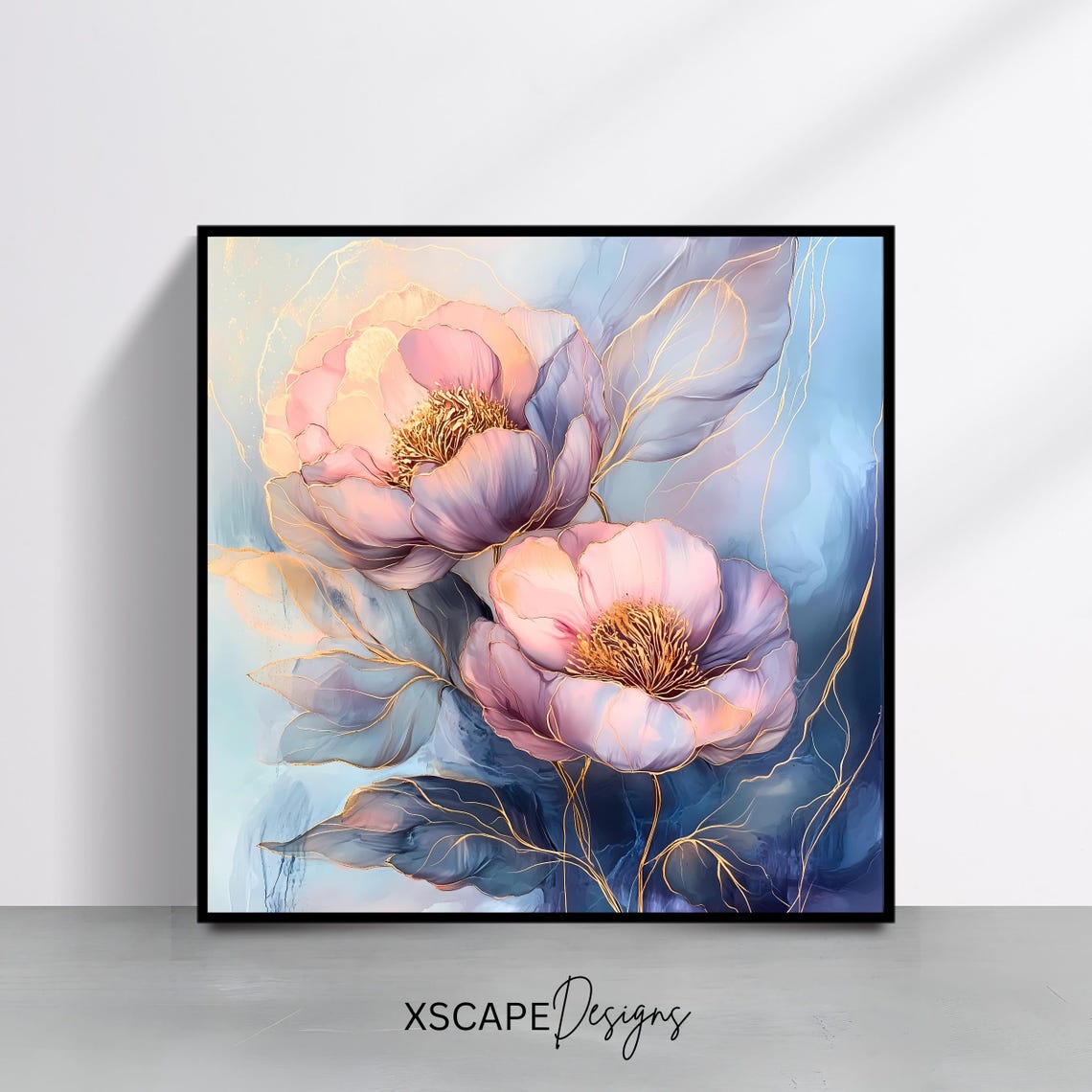 Elegant Pastel Peony Blossoms Gold Accent Dreamy Floral Wall Art Print