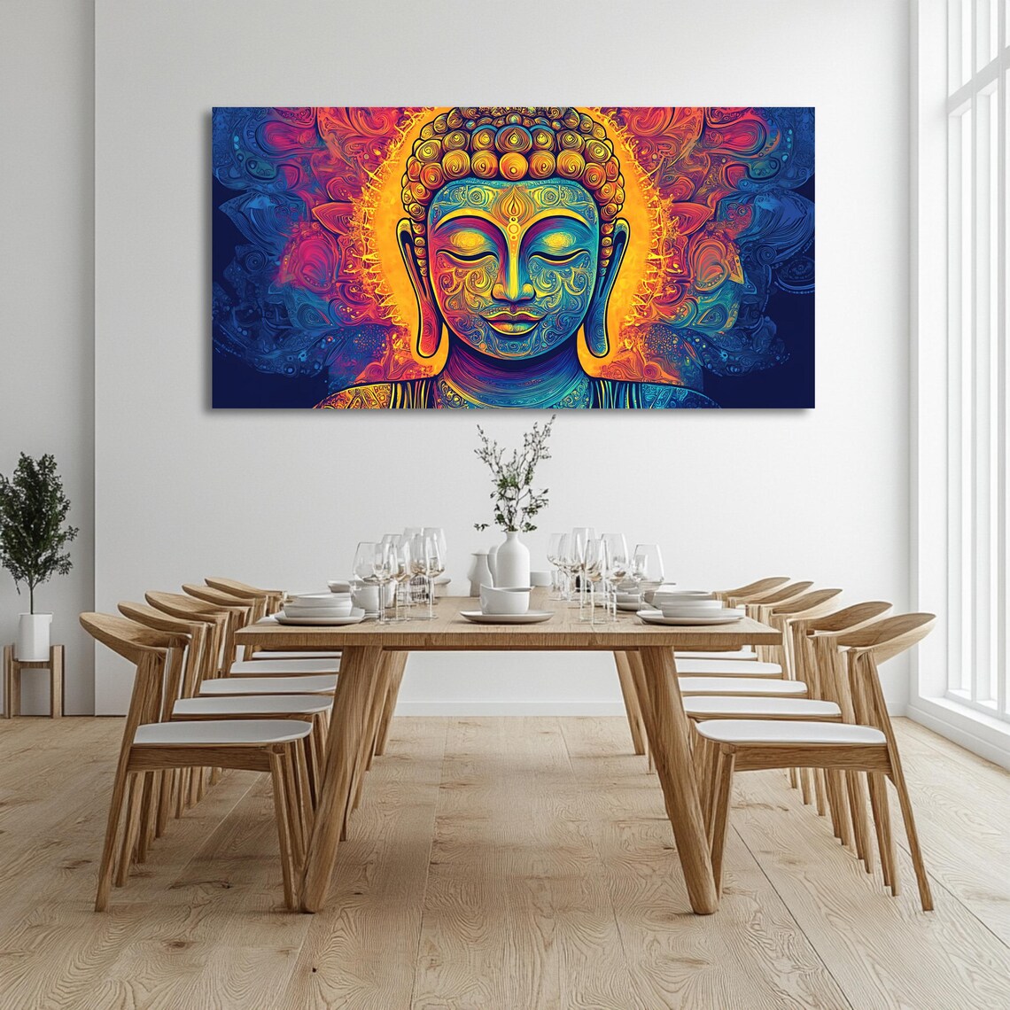 Vibrant Psychedelic Buddha Mandala Colorful Panoramic Spiritual Wall Art - Image 3