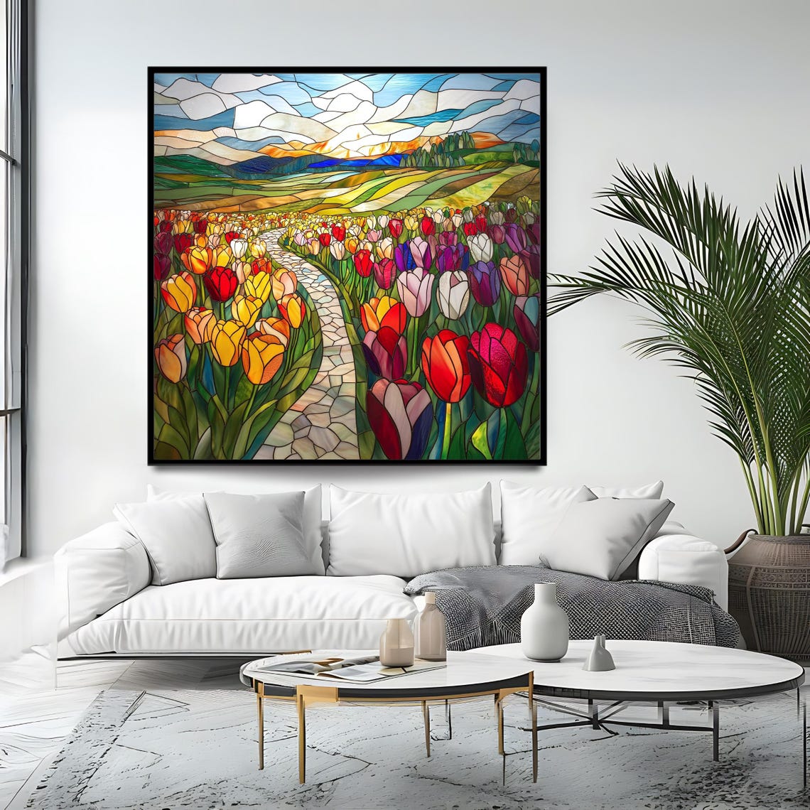 Tulip Field Stained Glass Style Winding Path Sunset Floral Wall Art - Image 4