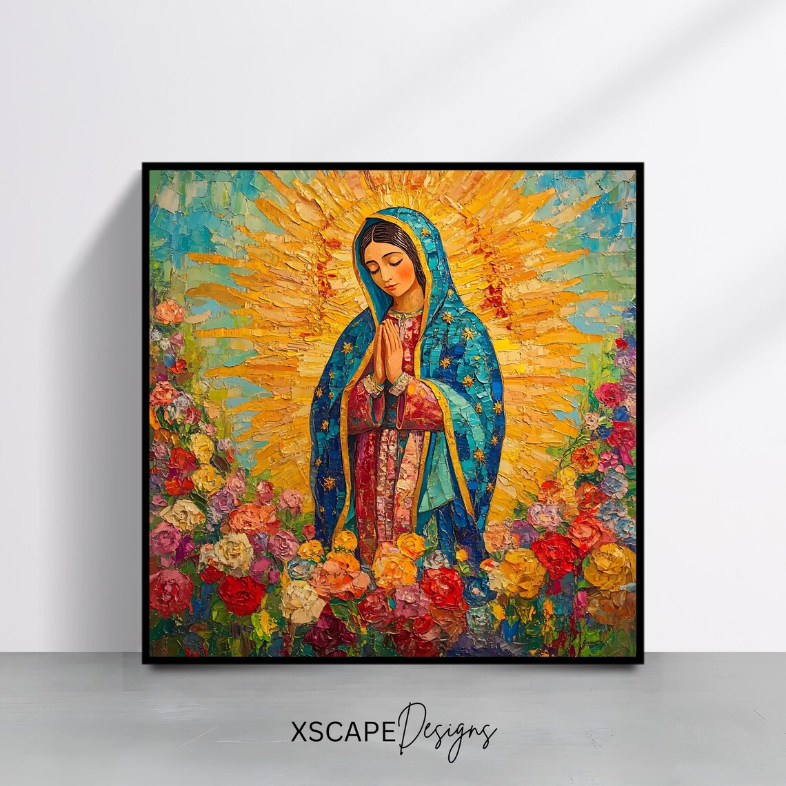 Our Lady of Guadalupe Blue Mantle Golden Sunburst Roses Impasto Art Print