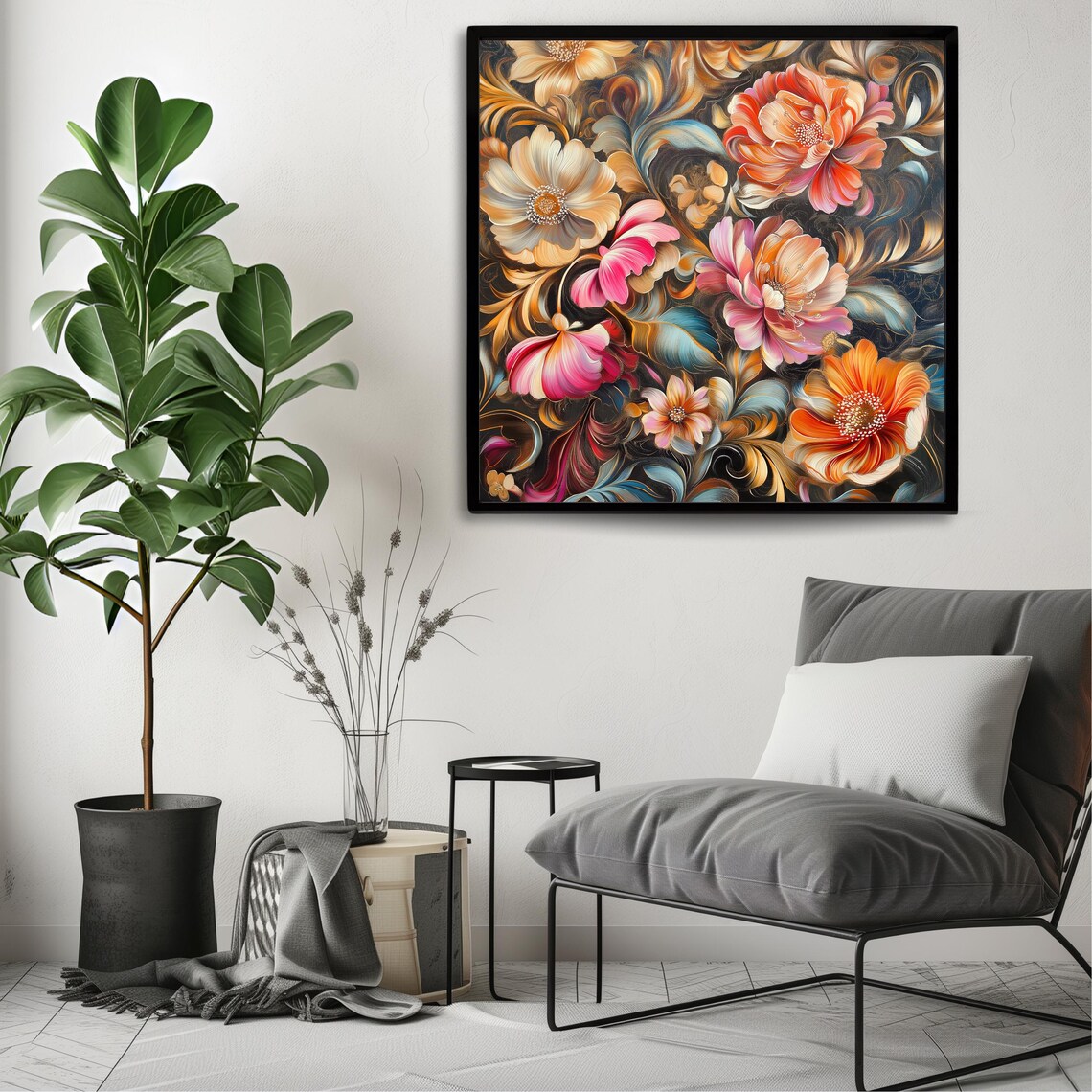 Elegant Ornamental Floral Bouquet Cream Peach Blossom Dark Wall Art - Image 3