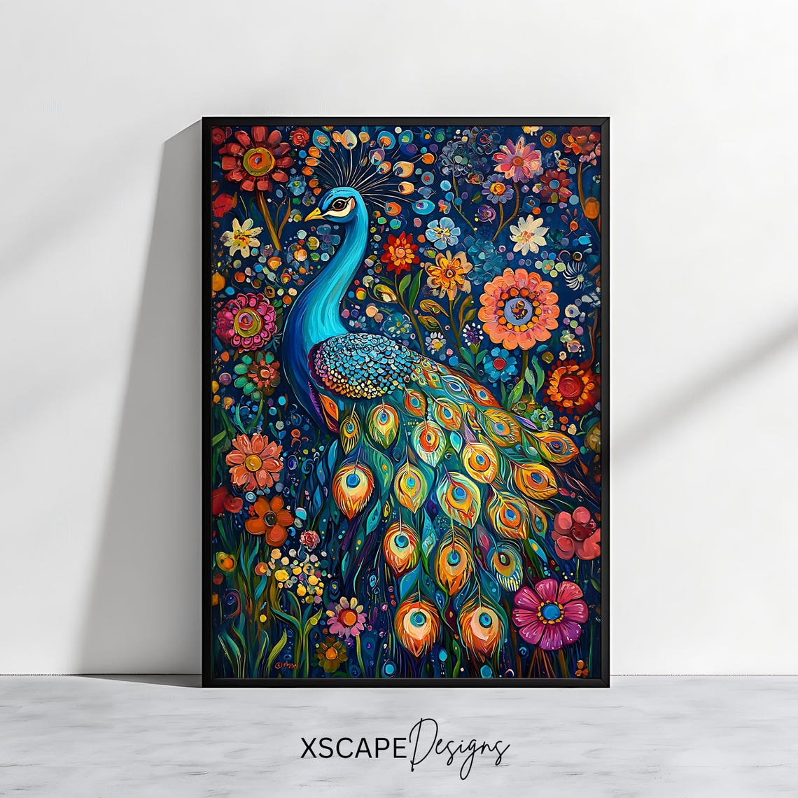 Peacock Fanned Tail Among Night Garden Flowers Folk Art Wall Poster