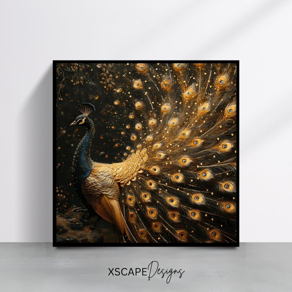 Golden Peacock Full Tail Display Black Background Elegant Bird Print