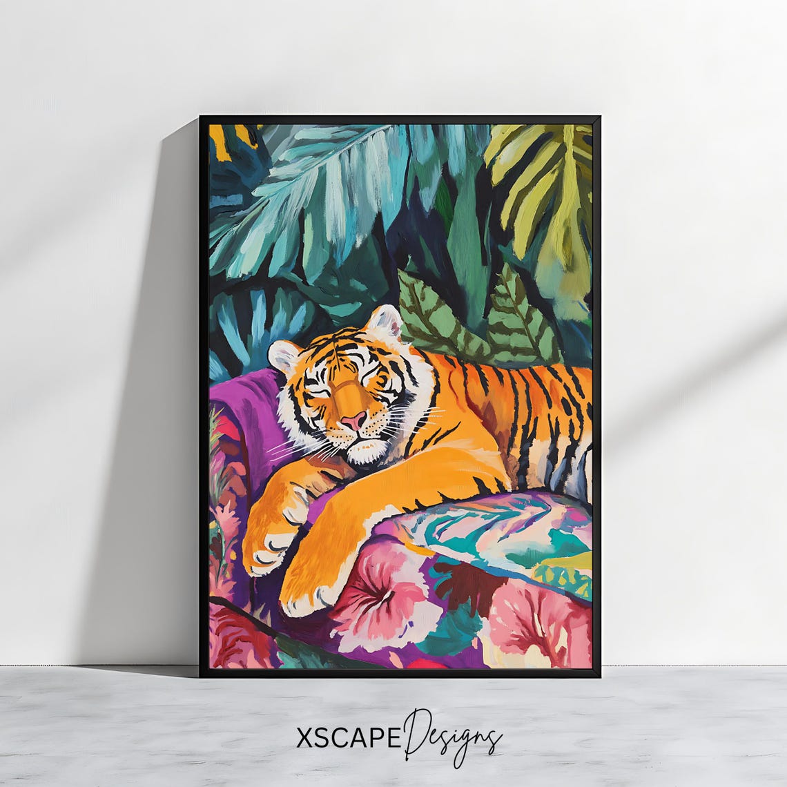 Sleeping Tiger Jungle Leaves Vibrant Tropical Wildlife Art Poster