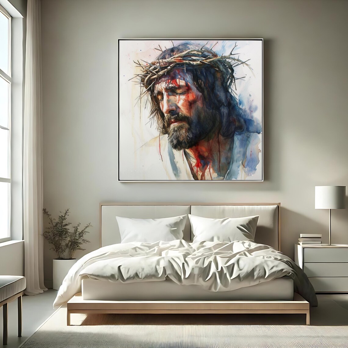 Jesus Crown Of Thorns Christian Wall Art Passion Of Christ Print Religious Home Decor Watercolor Jesus Painting Christian Gift - Image 2