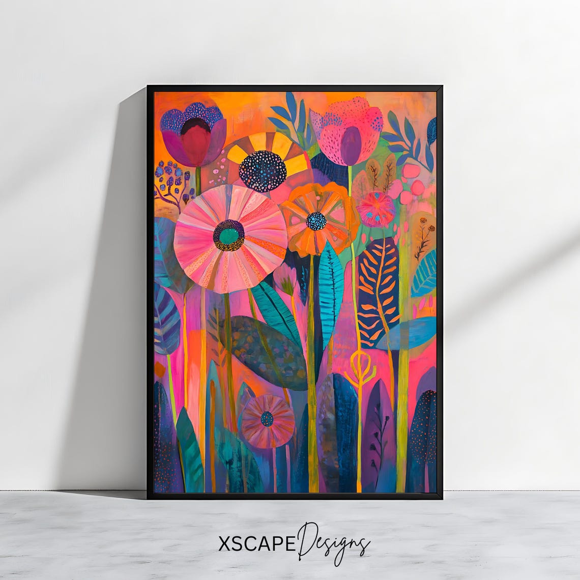 Vibrant Abstract Folk Art Flowers Colorful Botanical Wall Poster