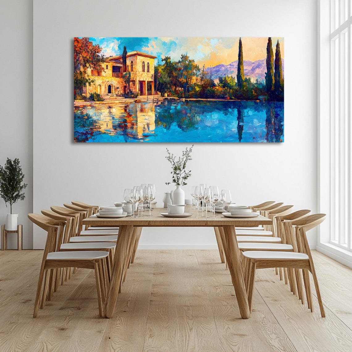 Mediterranean Villa Water Reflection Cypress Panoramic Travel Poster - Image 3