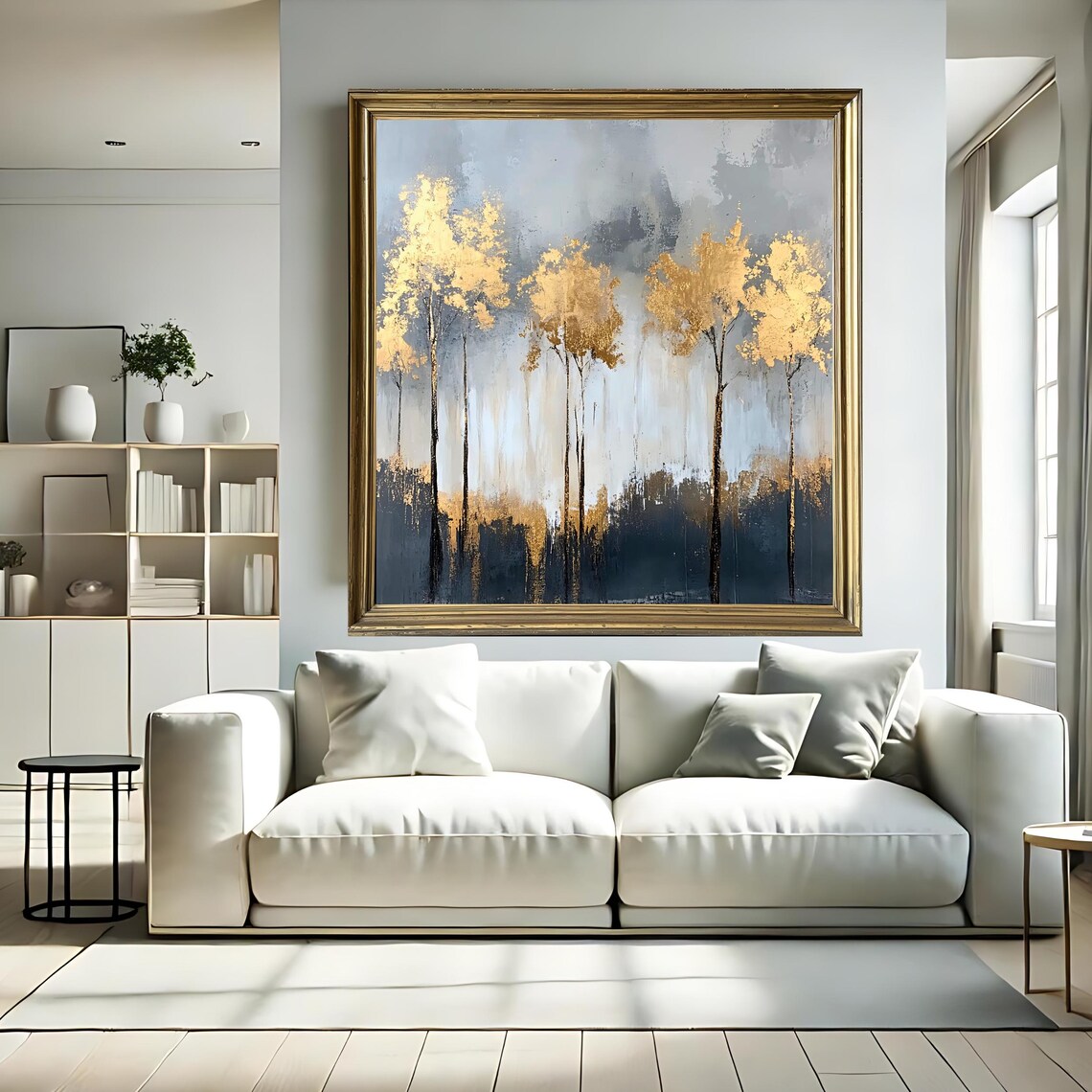 Golden Abstract Forest Wall Art Square Print Minimalist Tree Painting Modern Nature Decor - Image 3