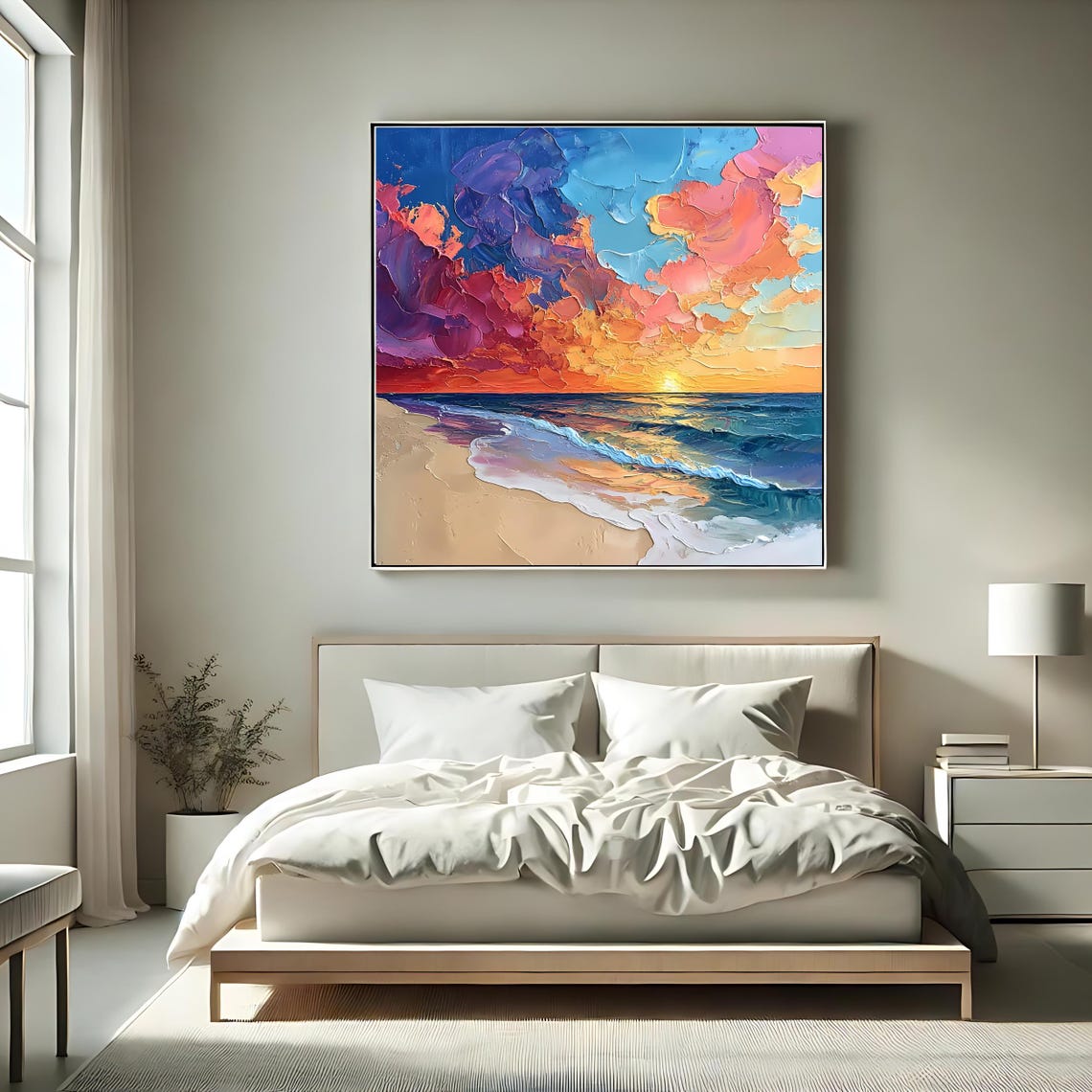 Beach Sunset Dramatic Pink Clouds Ocean Waves Impasto Wall Art Poster - Image 2