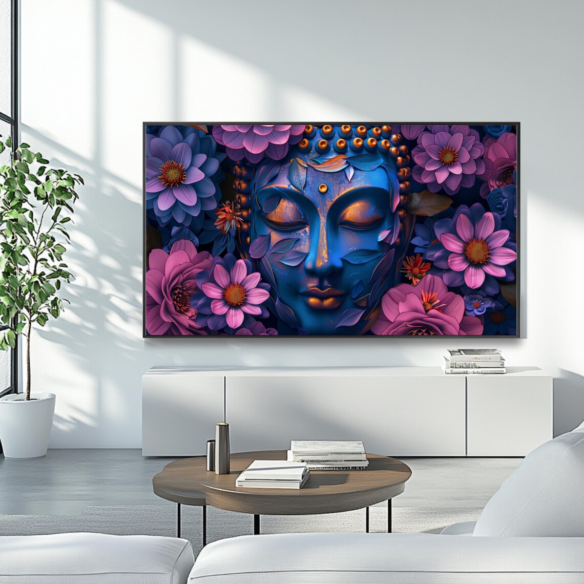 Blue Buddha Face Vibrant Floral Spiritual Zen Meditation Frame TV Art Poster - Image 4