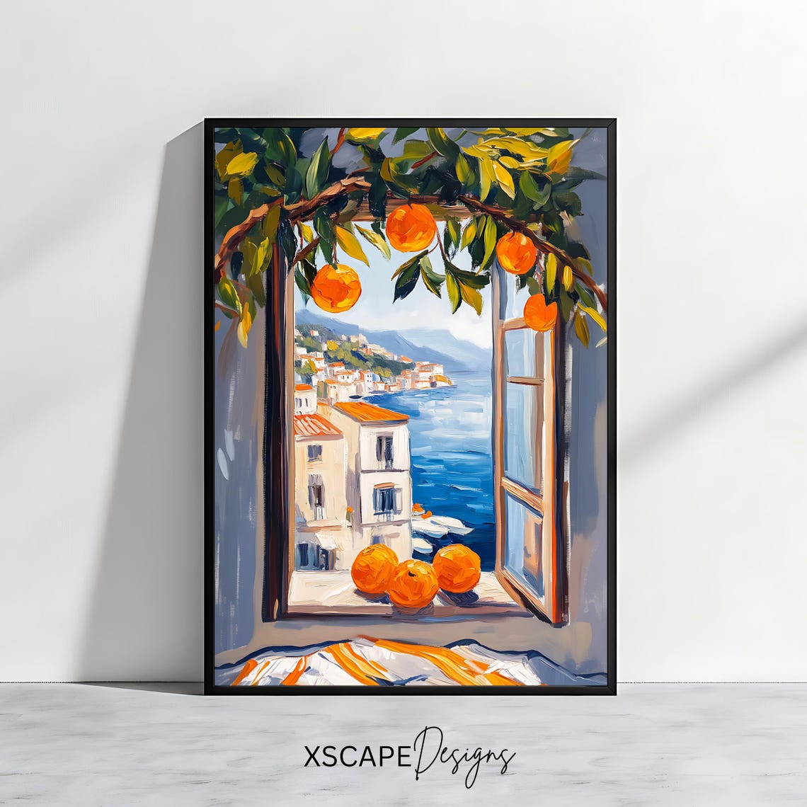 Mediterranean Window Orange Tree Coastal Town Sea View Travel Poster