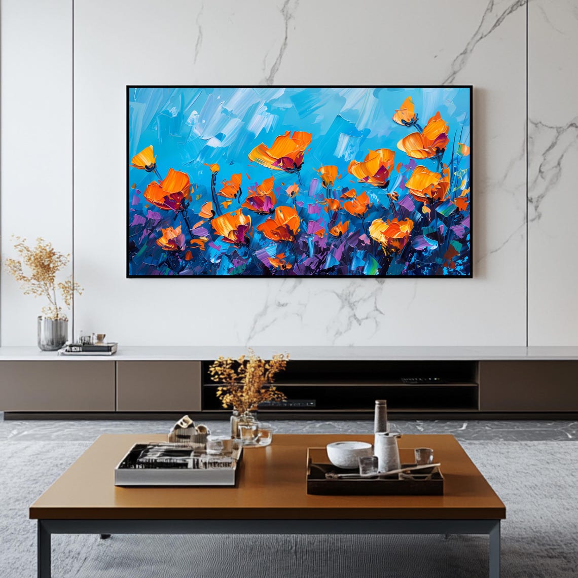 Orange Poppies Against a Bright Blue Sky Bold Impasto Floral Poster - Image 2