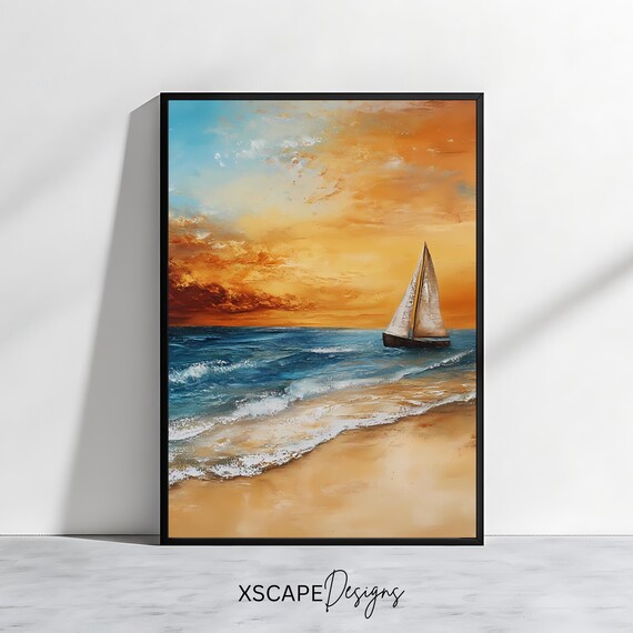 Sailboat Sunset Art Print Coastal Wall Art Beach Landscape Nautical Home Decor