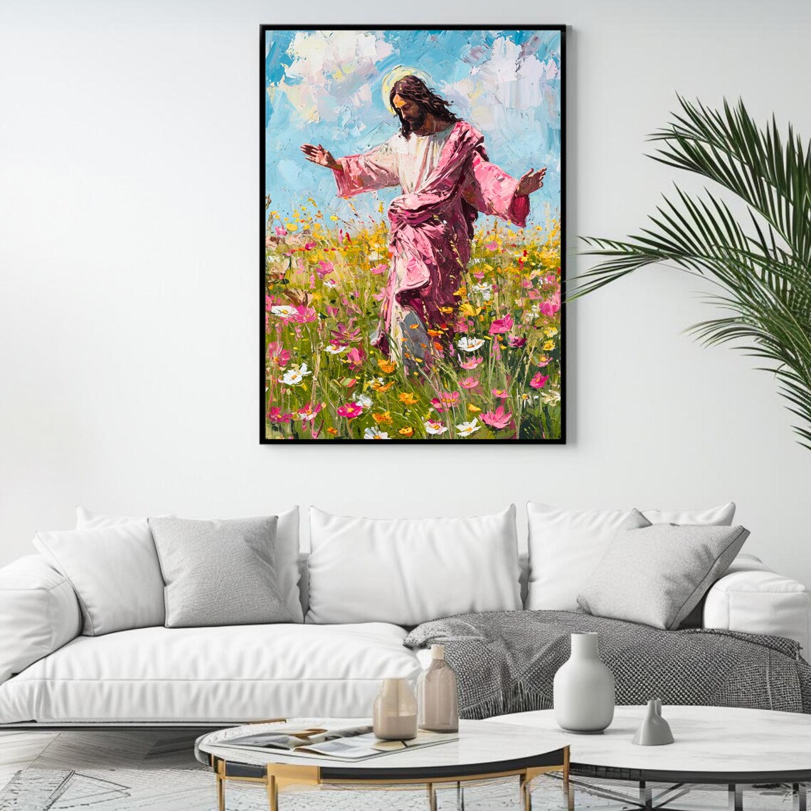 Jesus Christ Walking Wildflower Meadow Pink Robe Christian Wall Art Poster - Image 4