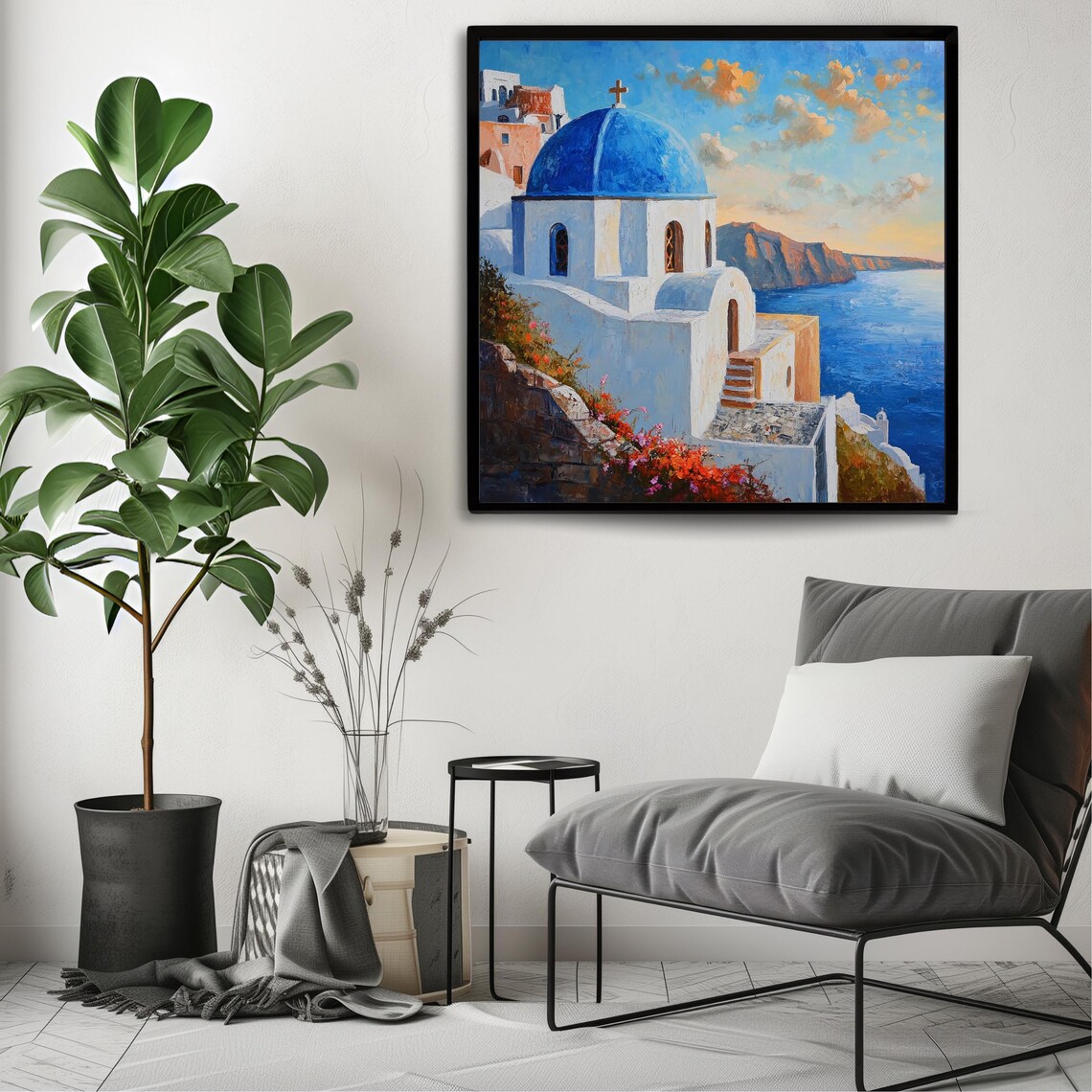 Santorini Blue Dome Church Sunset Caldera Sea View Greek Island Travel Poster - Image 3
