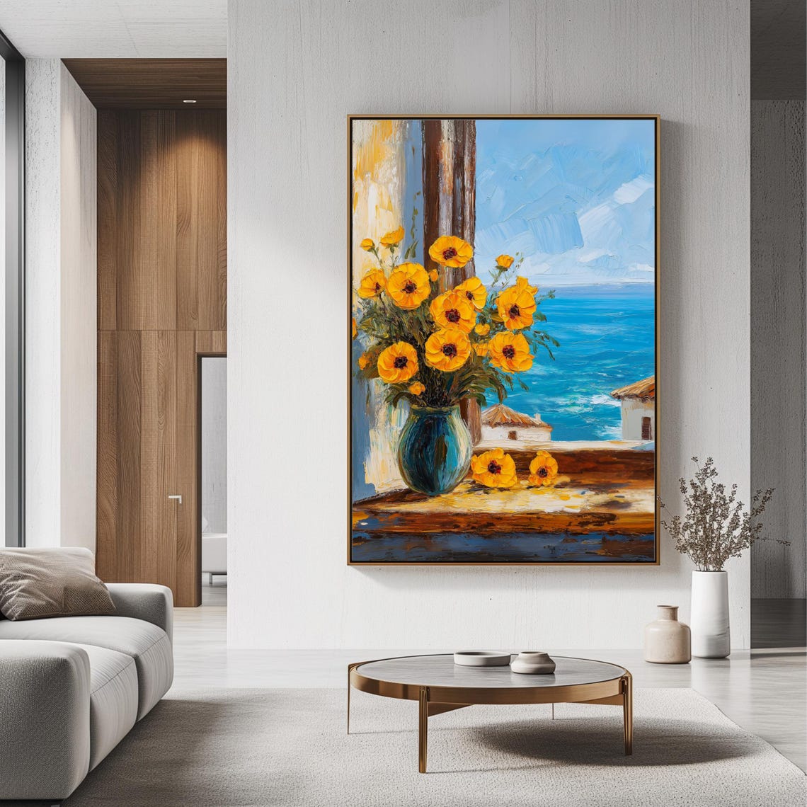 Yellow Flowers In Teal Vase Seaside Window Ocean View Coastal Poster - Image 3