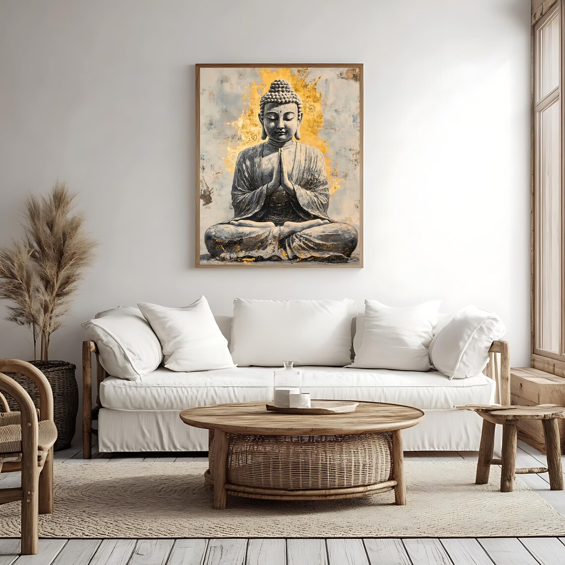 Buddha Statue with Golden Halo Hands in Prayer Painting Poster - Image 4