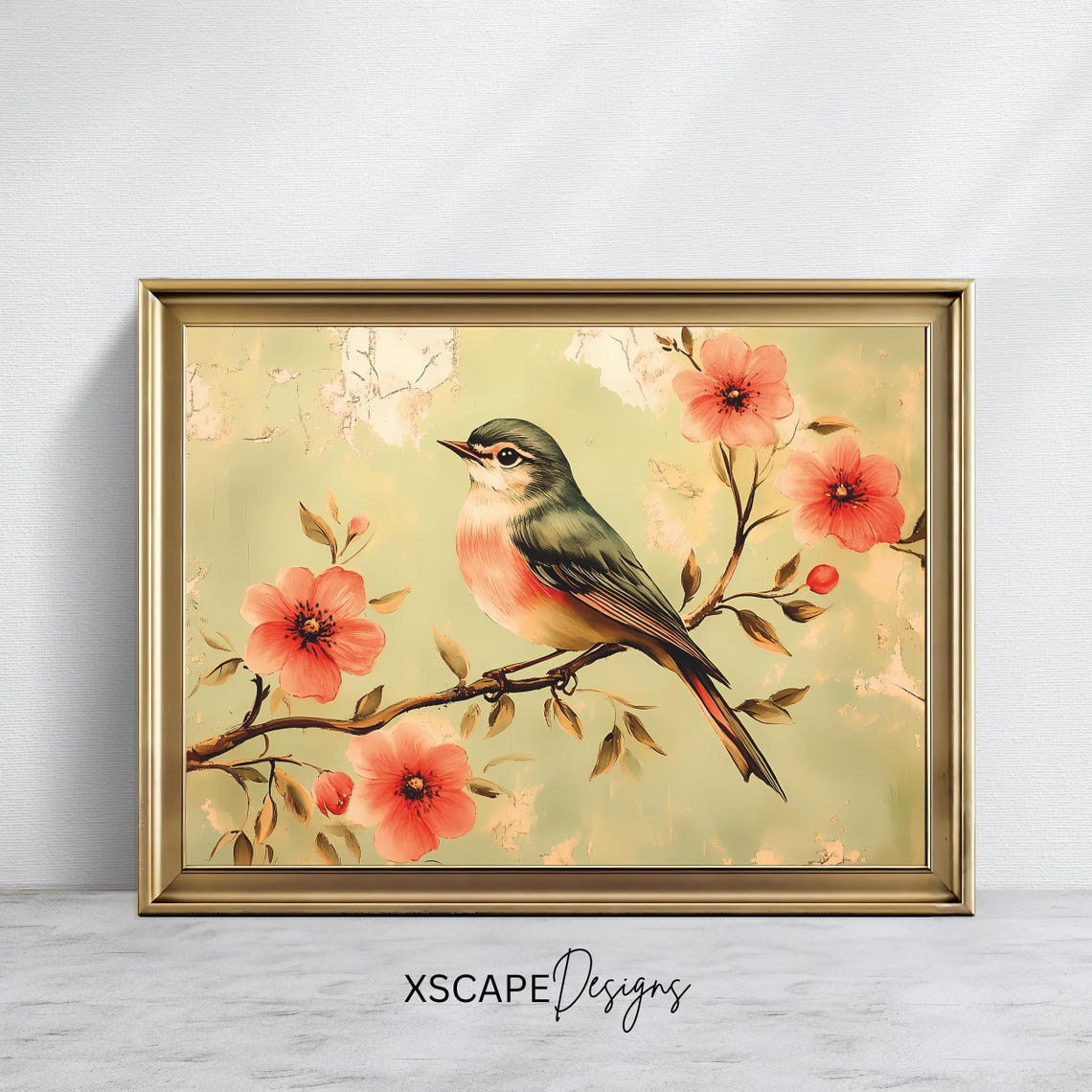 Vintage Songbird Blossom Branch Coral Floral Botanical Nature Poster