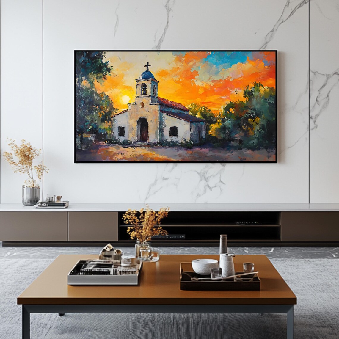 Church Sunset Painting, Rustic Chapel Wall Art - Image 2