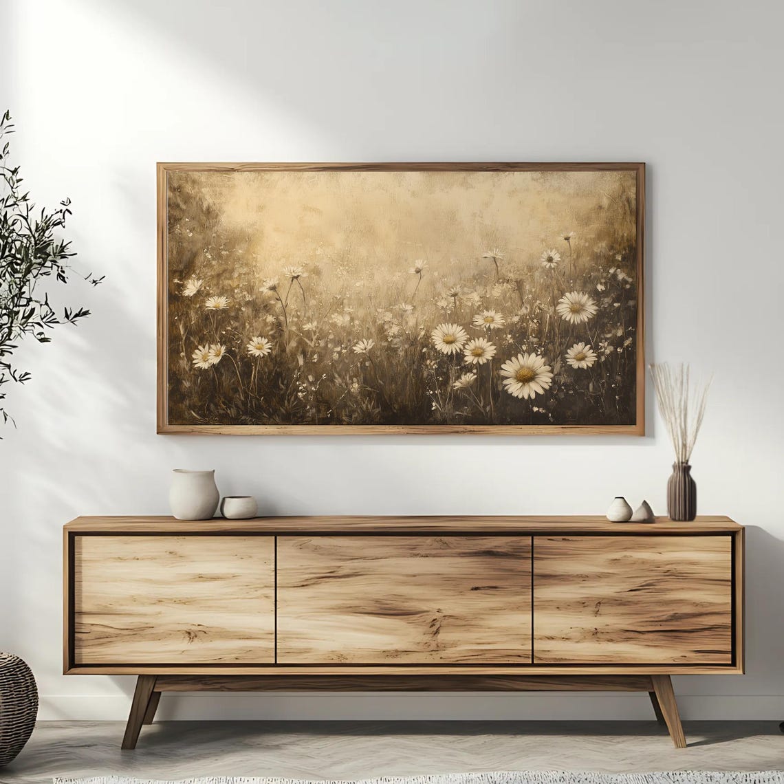 Rustic Daisy Field Sepia Toned Meadow Wildflower Frame TV Poster - Image 3
