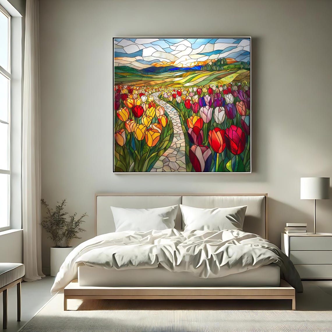 Tulip Field Stained Glass Style Winding Path Sunset Floral Wall Art - Image 2