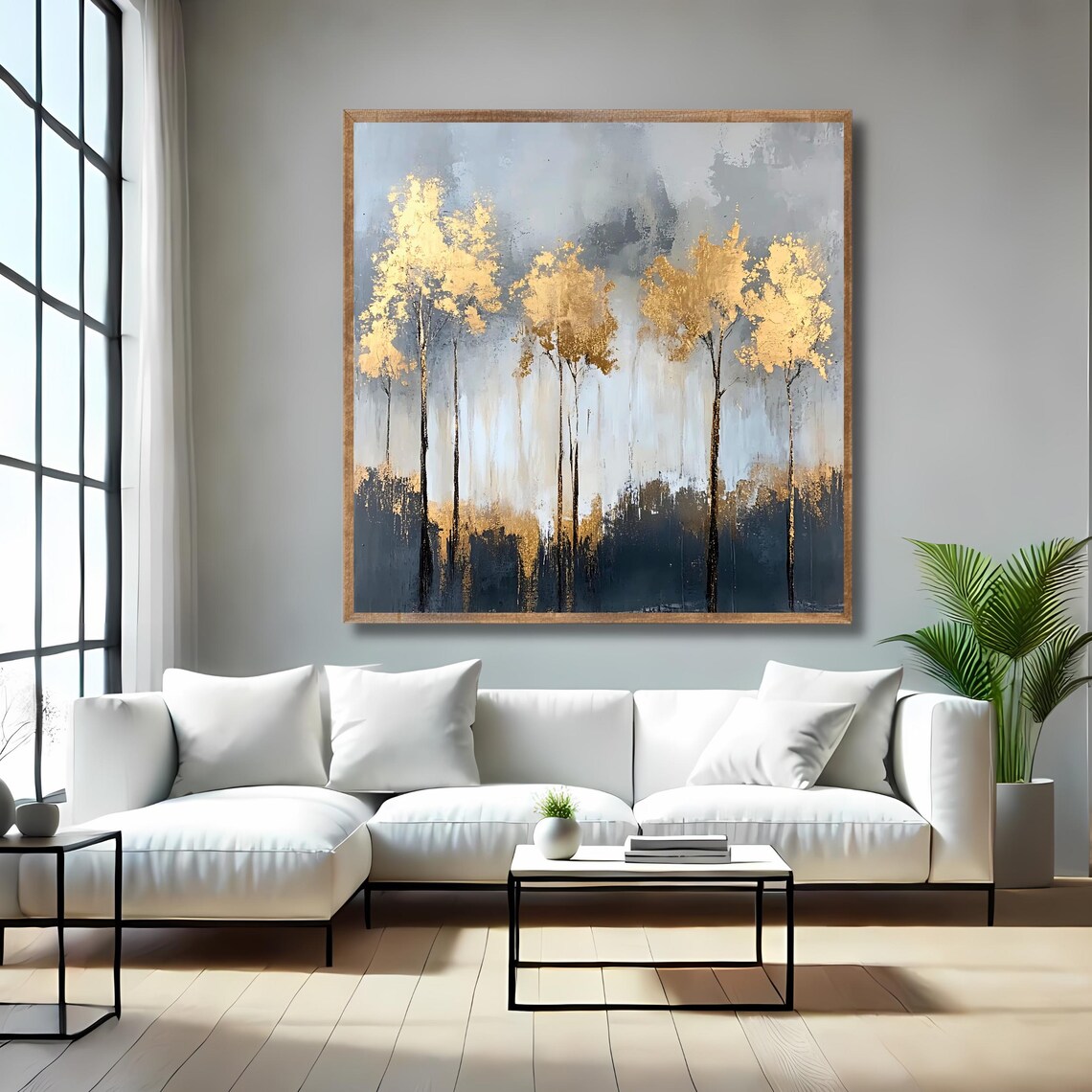 Golden Abstract Forest Wall Art Square Print Minimalist Tree Painting Modern Nature Decor - Image 4