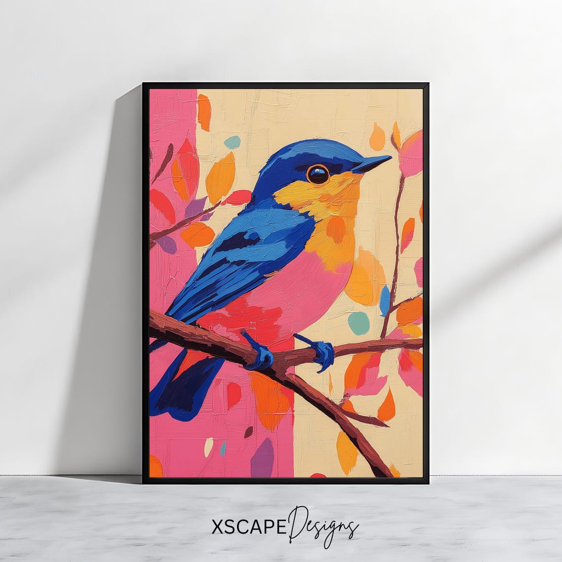 Colorful Blue And Yellow Songbird On Branch Modern Bird Painting Print