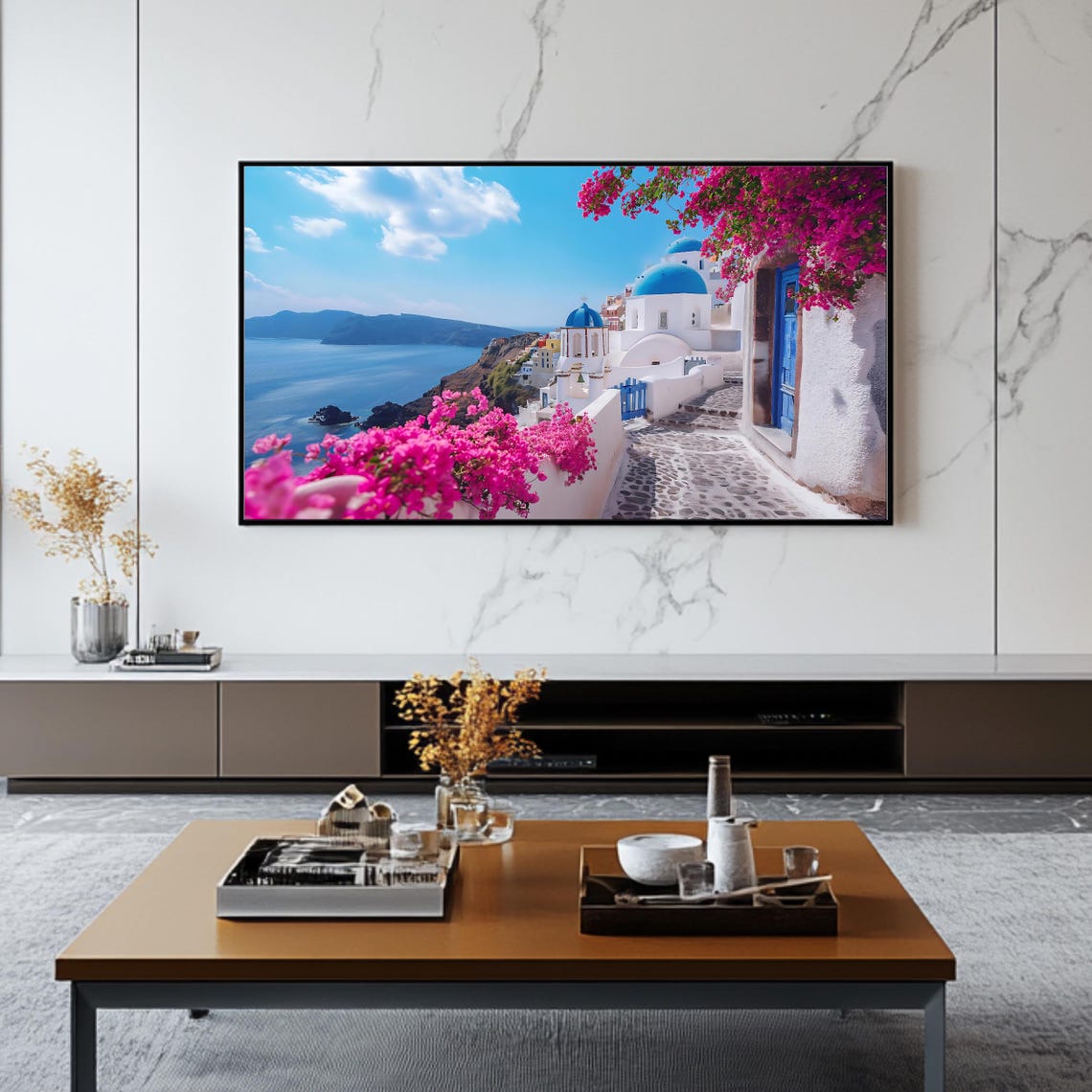 Santorini Greece Oia Blue Domes Bougainvillea Caldera View Poster - Image 2