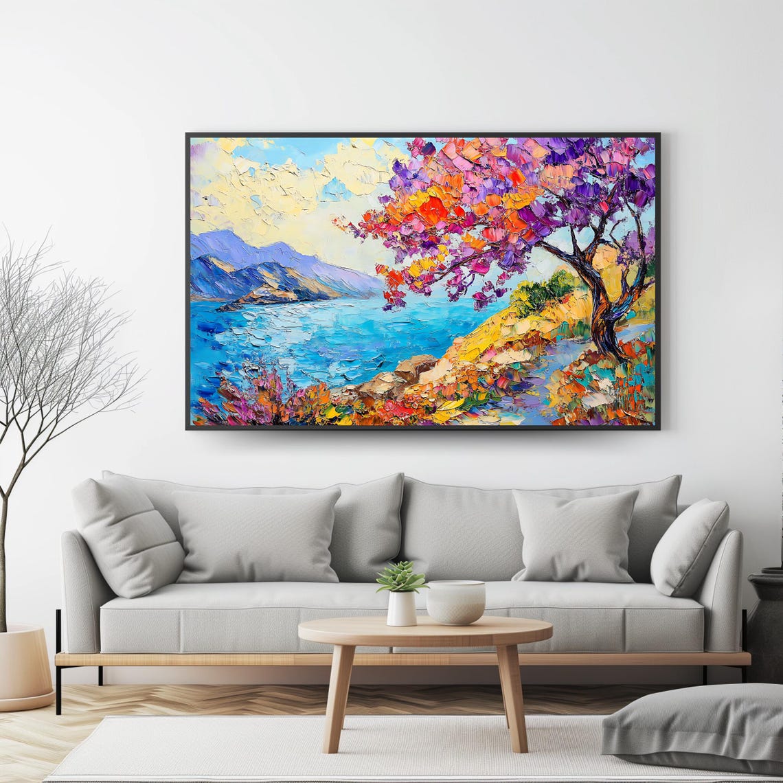 Blossoming Coastal Tree Turquoise Bay Impasto Seaside View Poster - Image 4
