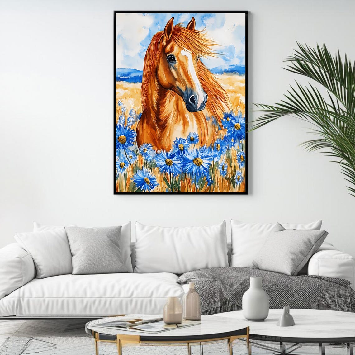 Chestnut Horse In Wild Blue Wildflower Golden Field Art Poster - Image 4