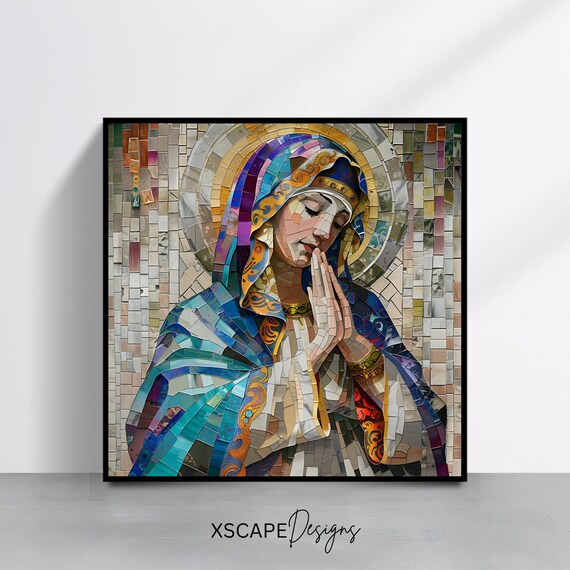 Praying Virgin Mary Mosaic Tile Religious Catholic Wall Art Print